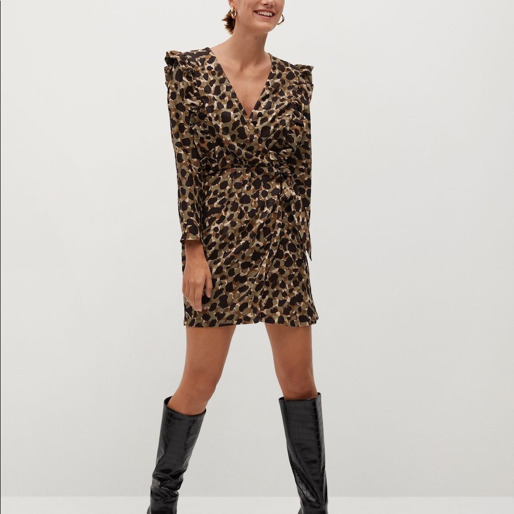 MANGO NEW Animal Print Dress with Ruffles XS